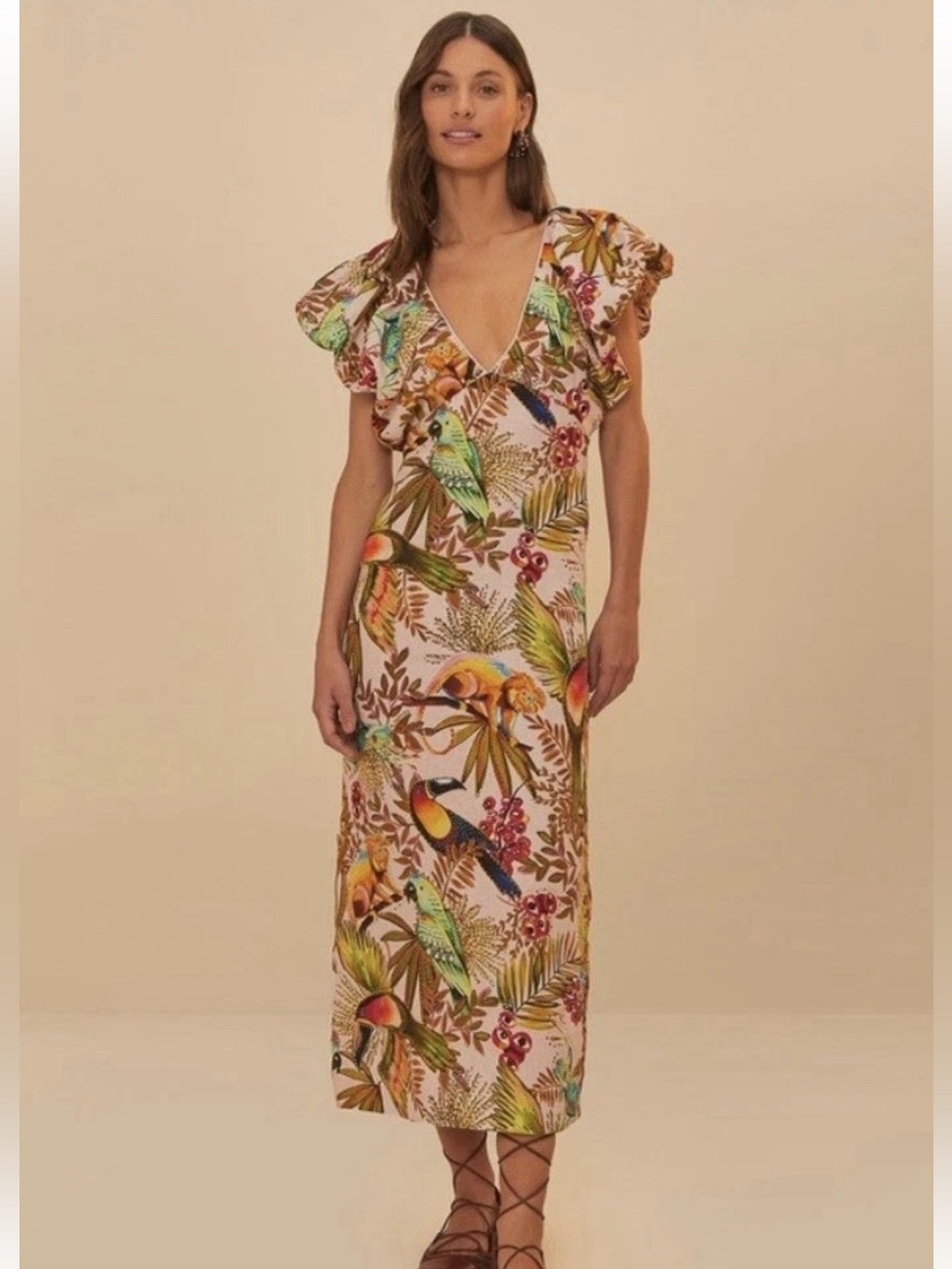 Farm Rio: INTO THE JUNGLE PINK SLEEVELESS MIDI DRESS - Picture 2 of 14